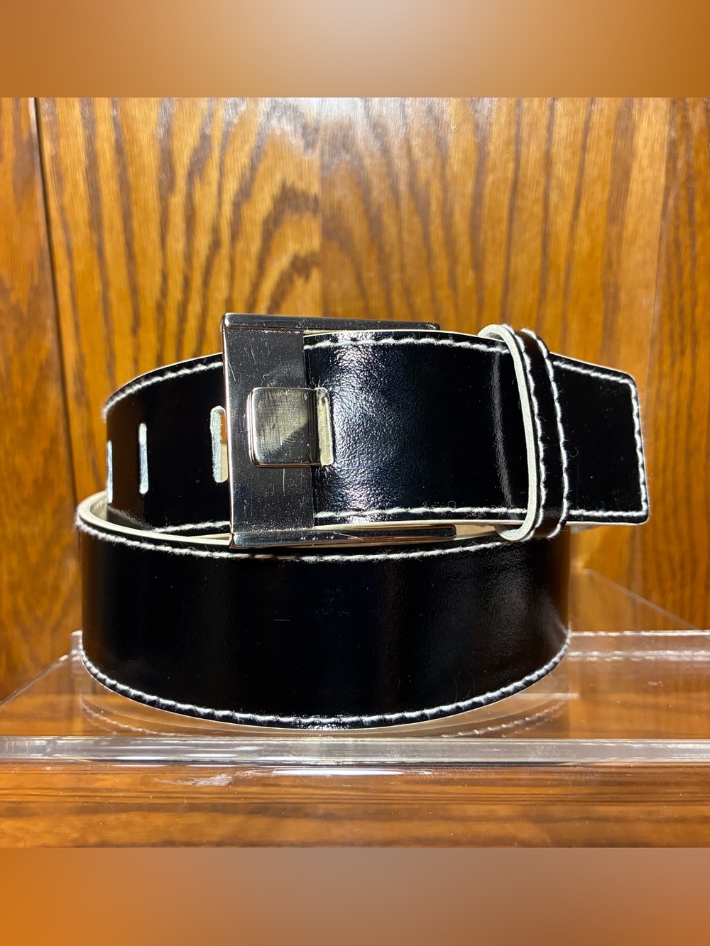 Y2K AK Anne Klein Patent Leather Wide Belt Black White Stitch Medium